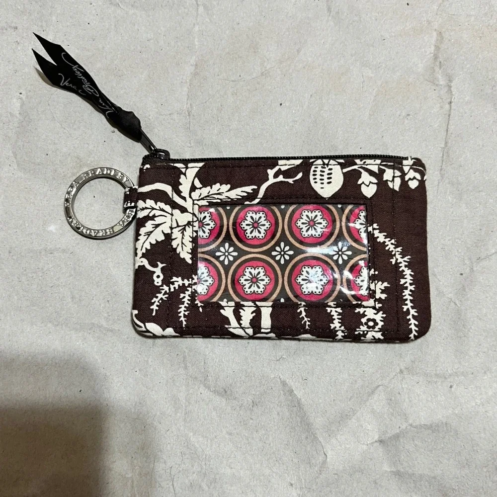 Vera Bradley Small Zip ID Case Java Blue Brown Floral Quilted Wallet Keyring